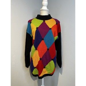 Santoria Women's Vintage Geometric Multi Color Black Cotton Size M  Sweater 90s